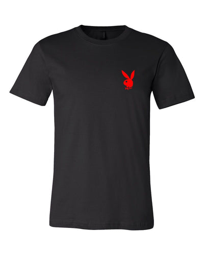 PLAYBOY BUNNY LEFT CHEST LOGO T-SHIRT TEE HEFNER NEW - BLACK w/ RED