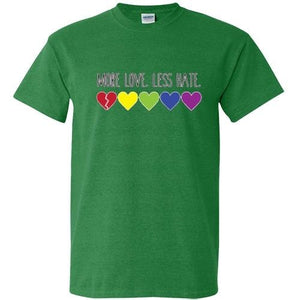 MORE LOVE LESS HATE T Shirt Gay Lesbian love Pride LGBT heart equal rainbow tee