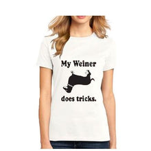 Load image into Gallery viewer, My Weiner does tricks hot dog funny collage humor adult T Shirt Dachshund Tee