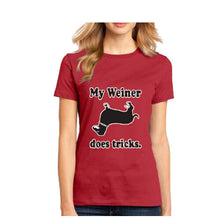 Load image into Gallery viewer, My Weiner does tricks hot dog funny collage humor adult T Shirt Dachshund Tee