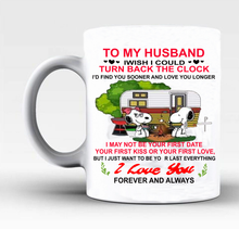 Load image into Gallery viewer, Snoopy Camping To My Husband I Love You Forever Mug Black &amp; White 15 Oz Tea Cup