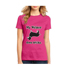 Load image into Gallery viewer, My Weiner does tricks hot dog funny collage humor adult T Shirt Dachshund Tee