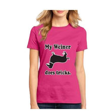 Load image into Gallery viewer, My Weiner does tricks hot dog funny collage humor adult T Shirt Dachshund Tee