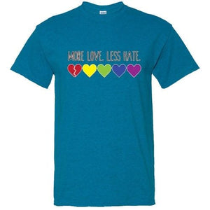 MORE LOVE LESS HATE T Shirt Gay Lesbian love Pride LGBT heart equal rainbow tee