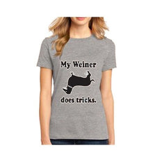 Load image into Gallery viewer, My Weiner does tricks hot dog funny collage humor adult T Shirt Dachshund Tee