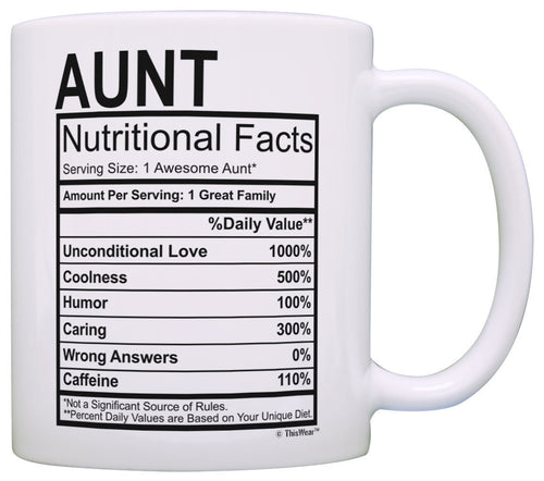 Mothers Day Gifts for Aunt Nutritional Facts Label Funny Coffee Mug Tea Cup