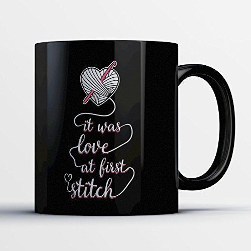 Crochet Coffee Mug - Love At First Stitch - Funny 11 oz Black Ceramic Tea Cup -